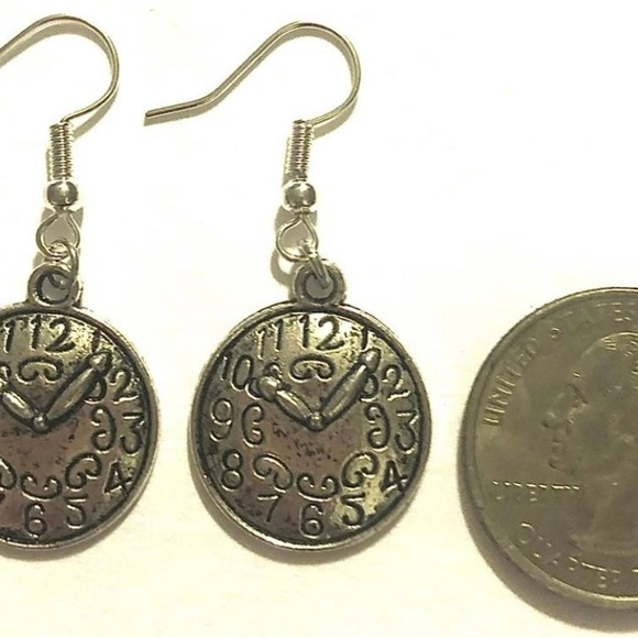 Silver Metal Clock Dangle Earrings - Picture 2 of 2